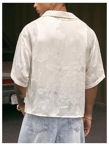 Men's Floral Button Down Shirts Y2k Sheer Mesh Half Sleeve Cropped Shirt Collar Loose Casual Boho Tops2