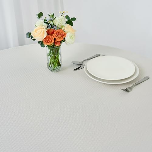 Image of maxmill Round Weaved Texture Design Tablecloth Spill-Proof Wrinkle Free Soft Washable Table Cloth for Circular Table Cover, for Dining Room Buffet Banquet Parties Holiday Dinner, 90 Inch Ivory