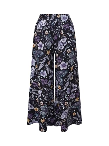 Women's Floral Butterfly Pants Elastic Waist Wide Leg Casual Trousers Streetwear