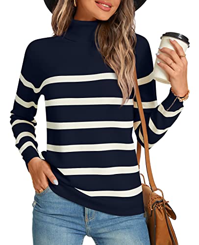 LONGYUAN Women Winter Turtle Necks Striped Knit Sweater Long Sleeve Pullover Casual Color Block Spring Tops 2025