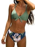 CUPSHE Conjunto de bikini para mujer, cuello en V, nudo de conejo, cintura baja, espalda cruzada, traje de baño de dos piezas, Verde/verde azulado/floral, L
