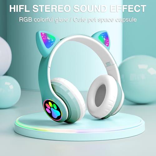 Image of Bluetooth Headphones for Kids, Cute Ear Cat Ear LED Light Up Foldable Headphones Stereo Over Ear with Microphone /TF Card Wireless Headphone for iPhone /iPad /Smartphone /Laptop /PC /TV (Green) | Wireless Bluetooth 5.0, foldable design, built-in mic & TF card slot, adjustable comfort, ideal for kids' learning & play.