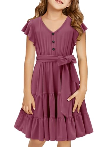 Storeofbaby Girls Summer Casual Short Sleeve Dress Solid Button Ruffle Hem Dresses cover