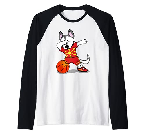 Funny Dabbing Husky Dog Macedonia Basketball Fan Jersey Flag Raglan Baseball Tee, Black