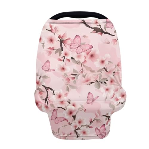 Image of Butterfly Nursing Cover Cherry Blossom Carseat Covers Baby Car Seat Cover for Girls,Stretchy Car Seat Canopy Multiuse Nursing Covers, Pink