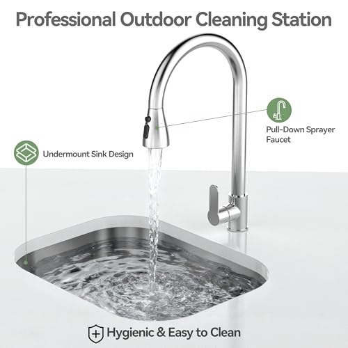 Image of Sink and Fridge Combo for Outdoor Kitchen, 68L Refrigerator and Sink with Pull-Down Faucet, Brushed SS and Granite Countertops, All-in-One BBQ Island Cleaning Station