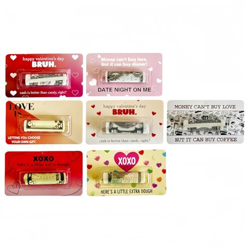 7 Pcs Valentine’s Day Money Holder Cards – Fun & Functional Gift Solution with Clear Blister Shell for Cash & Gift Cards