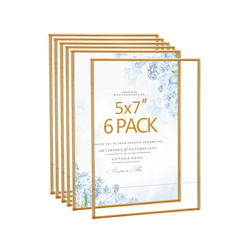 Bolidery Acrylic Picture Frames 5x7 Set of 6 Gold Photo Frames Collage Wall Decor No Drilling 5x7 Floating Hanging Picture Frames for Home School Office - Gold Color