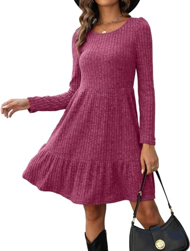 QUNERY Robe Pull Femme Manches Longues Robe Pull Tricot A-Line à Col Rond Pullover Chaud Casual Robe Automne Hiver pour Fête Bureau Décontracté Bordeaux XL