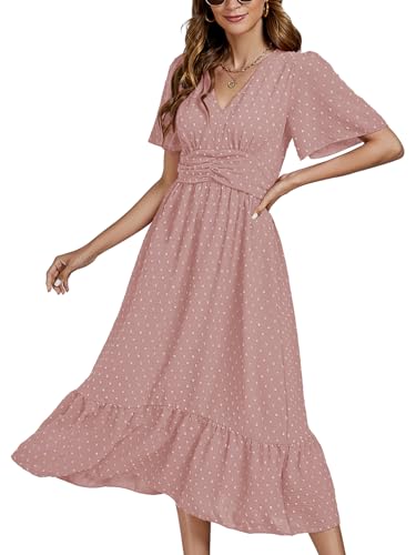 Image of LYANER Women's Boho Maxi Dress Long Sleeve V Neck Swiss Dot High Waited A-Line Ruffle Tiered Chiffon Long Dresses