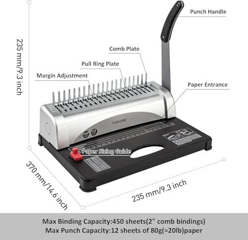 image for TIANSE Binding Machine, 21-Holes, 450 Sheets, Comb Binding Machines wi