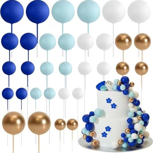 Helilyco Lot de 32 boules de décoration de gâteau pour fête d'anniversaire, mariage, cupcakes, décoration de biscuits – Vert, bleu, noir doré, rouge, rose, violet en mousse avec fil, 20 x 20 x 4,5 cm