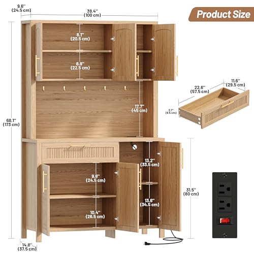 Image of Fluted Kitchen Pantry Storage Cabinet with Charging Station, Coffee Bar Cabinet with Drawer & Adjustble Shelves, Tall Kitchen Hutch Cabinet with Microwave Stand, for Dining Room, Natural Oak