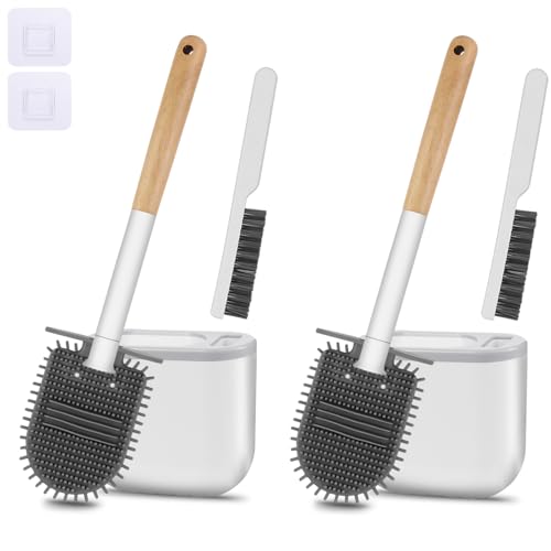 Image of Toilet Brush and Holder-Flexible Toilet Bowl Brush Head with Silicone Bristles, Wall Mounted Nail-Free Installation, Multifunctional Gap Brush, Ventilation Slots Base (2 Pack, Wood)