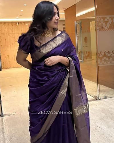 Image of ZECVA Women's Pure Soft Spun Cotton Lichi Silk Saree For Women With Attach Unstitch Blouse Piece