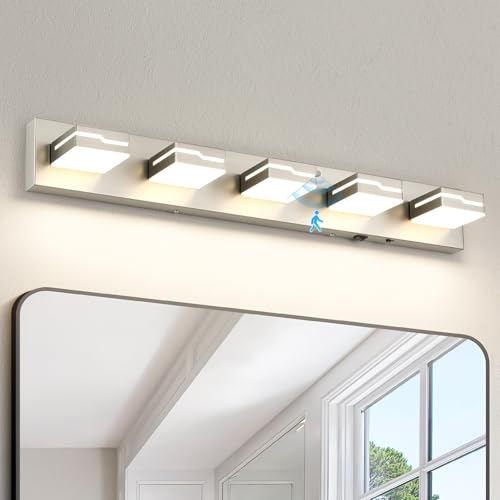 Image of 5-Light LED Bathroom Vanity Light, 32-Inch Brushed Nickel | Vanity Light Fixture with Wireless Motion Sensor, 3CCT Dimmable Lighting Over Mirror, Adjustable Acrylic Heads