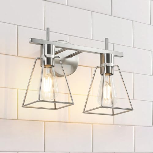 Image of Industrial Bathroom Vanity Lights: 2 Light Silver Brushed Nickel Vintage Metal Cage Wall Lamps - Rustic Farmhouse Light Fixture Over Mirrors Cabinet for Home Hallway