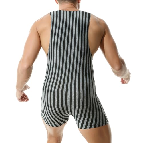 QiaTi Mens Wrestling Singlets Sport Athletic Supporters Uniform Training Leotard Jumpsuits Striped One Piece Bodysuit
