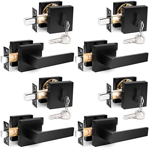 Probrico Flat Black Passage Door Lever with Single Cylinder Deadbolts Combo Pack, Modern Square Lock Set Handleset,Exterior Door Handle and Deadbolts Set,Exterior Door Lever Passage, 4 Pack