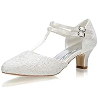 JIAJIA 00968 Sapatos femininos para noivas, bico fechado, tira em T, 4,8 cm, salto baixo, renda, cetim, sapatos de casamento, Marfim, 34