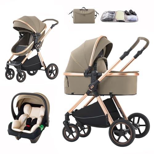 Mobayta Kinderwagen 3 in 1 Komplettset, 0-4 Jahre, bis 22 kg, Kombikinderwagen Reisesysteme für Neugeborene und Kleinkinder (LIGHT BROWN D2, H2-D)