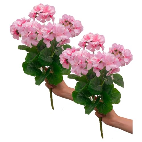 BEIJIALY 2 flores artificiales de geranio, tallos de geranio artificiales de 14.2 pulgadas, ramas de flores de seda, arbustos florales de geranio de seda sintética, arbustos florales de geranio para