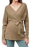 OUGES Womens Soft Cotton Blend Maternity Sweater Wrap V Neck Long Sleeve Elegant V Back Maternity Clothes Trendy Nursing Shirts Blouse Fall Tops Pregnancy Outfits with Belt(Coffee,L)