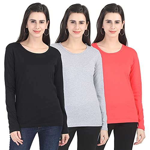 Image of FLEXIMAA Women's Cotton Plain Round Neck Full Sleeve T-Shirt