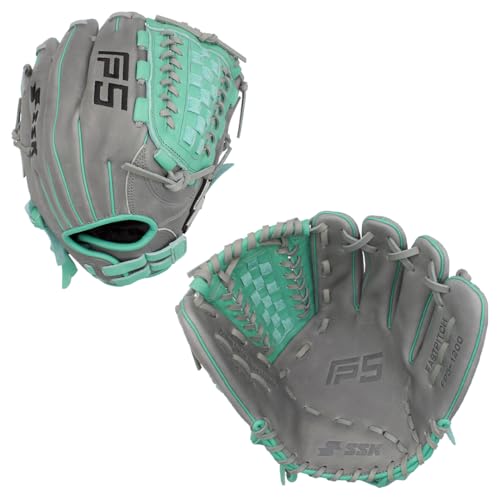 SSK FP5 Fastpitch Softball Glove – Infield - Outfield - Pitcher – 11.5”-11.75”-12”-12.25”-12.5”-12.75”-13”– Right & Left Hand Throw (Grey/Mint - Laced Basket Web, 12