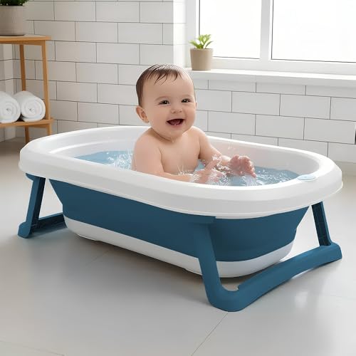 Image of StarAndDaisy Baby Bath Tub for 0 to 5 Years /Bath Tub for Kids 0-3 Years, Tub for Girls & Boys with oldable Legs, Easy to Store -Dark Blue- White