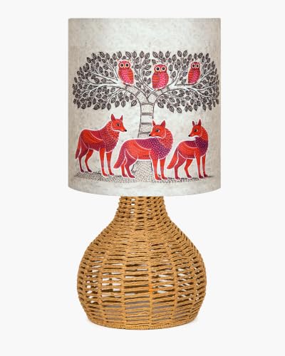 Image of Homesake Handwoven Rattan Table Lamp with Fabric Shade, Boho Bedside Lamp for Bedroom, Decorative Cane Lamp for Living Room, Warm Ambient Lighting, Raffia Spinning Home Decor, Gond Shade