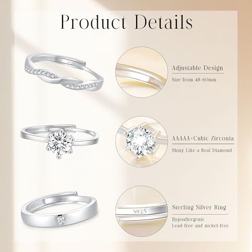 MUCCA 3 Stück Ring Silber 925 Damen Ringe Frauen Cubic Zirkonia Verlobungsring Damen Verstellbare Statement Ring Damen Stapelbare Daumenring Fingerring Set Schmuck