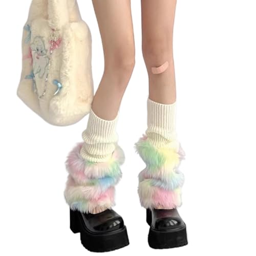 Plush Leg Warmers for Women,Soft Cozy Faux Fur Gradient Rainbow Color Fluffy Thick Warm Leg Warmers