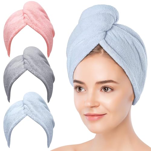 kit 3 Toalha de Cabelo de Microfibra, Turbantes de Cabelo para Cabelos Molhados, Toalhas de Secagem para Cabelo Cacheado Mulheres Anti Frizz (Azul, Cinza, Rosa)