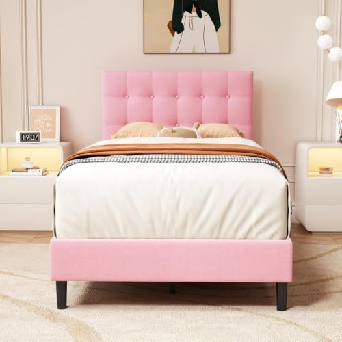 Image of HITHOS Solid Wood Single Size Modern Upholstered Bed Without Storage Wooden Single Cot Bed for Bedroom Living Room Home (Pink)