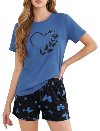 Leversic Damen Schlafanzug Kurz Pyjama Set aus Baumwoll-Mix, Sommer Nachtwäsche Zweiteiler mit Print-Motiv, Kurzarm Shirt und Shorts Loungewear Set für Frauen
