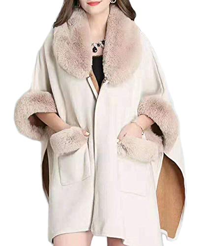 Image of Women Poncho with Pocket Warm Cashmere Cardigan Cape with Rabbit Fur