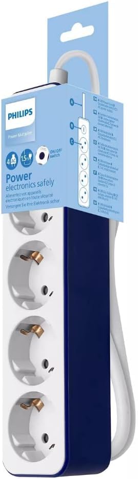 Philips CHP2145U - Regleta de 4 Enchufes, Bloqueo Alimentación, 1.500W, Cable Alimentación Trenzado 1.5 Metros Alta Resistencia, Cierre Seguridad (Indicador LED Prot) - Color Blanco/Azul