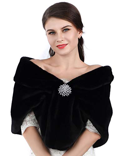 Unicra Wedding Fur Wraps and Shawls Faux Fox Fur Stoles Winter Cover Up with Rhinestones Brooch for Women and Girls