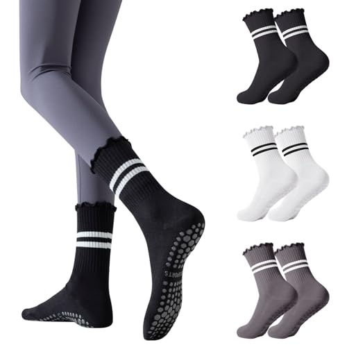 3 paia di calzini da pilates con impugnature antiscivolo volant yoga calzini da donna calzini per barre balletto danza a piedi nudi allenamento palestra, 3 paia - nero+bianco+grigio, Taglia unica