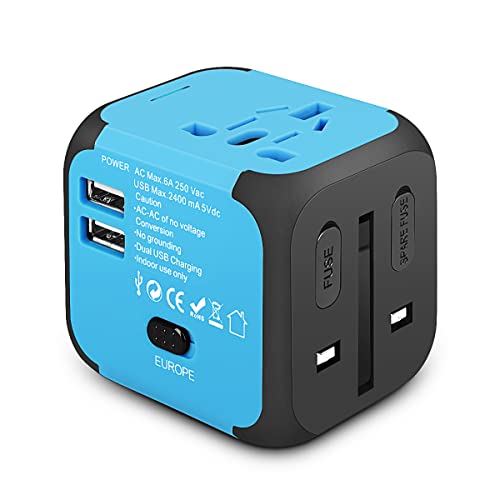 Goldfox Universal Travel Adapter, Worldwide International Plug Adapter With 2 Usb Ports, European Travel Plug Adapter, All In One Power Adapter Ac Outlet For Europe, Uk, Us, Au, Asia (Blue) #TOP6