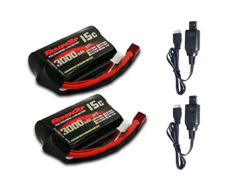 RoaringTop 7 4V 2S Li-ion Akku 3000mAh 2S mit T Plug wiederaufladbare RC-Batterie für 4WD Hochgeschwindigkeitsautos und die meisten 1/12- 1/16- 1/18-Maßstab RC-Fahrzeuge mit 2 USB-Ladegeräten