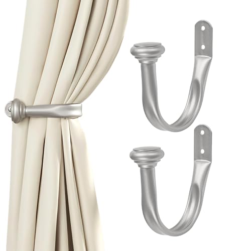 Primero Basics Silver Nickel Curtain Tiebacks - Modern Wall-Mounted Holdbacks, Durable Curtain Hooks for Drapes & Window Treatments, Elegant Curtain Holders for Wall,2 Pack
