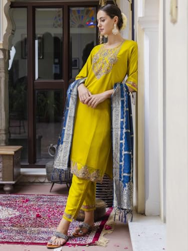Image of VredeVogel Kurta Set with Dupatta | Viscose Rayon Embroidered Kurta Set for Women | Women's Ethnic Casual Kurti Set |Kurta Pant Festive Suit