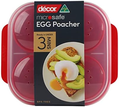 Décor Microwave Egg Poacher for 4, food grade plastic microwave egg cooker is non-stick, easy to clean & made from a BPA-Free plastic. Makes perfect poached eggs with steam, red, 4 egg tray