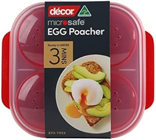 Décor Microwave Egg Poacher for 4, food grade plastic microwave egg cooker is non-stick, easy to clean & made from a BPA-Free plastic. Makes perfect poached eggs with steam, red, 4 egg tray