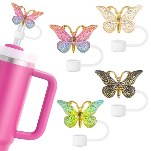 4Pcs Butterfly Straw Covers Cap for Stanley Cup, 10mm Glitter Silicone Straw Topper for Stanley Tumblers Accessories, Reusable Straw Cap Stopper for Straws Tip Lids (ButterflyA)