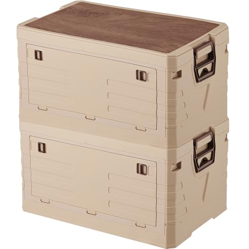 Zilnox コンテナ ボックス 折り畳み キャンプ 折りたたみコンテナ 木製の蓋付き 収納ボックス 取っ手付き 大容量 アウトドア 収納ケース 強い耐荷重 収納 組み立て簡単 カーキ 2個セット M 幅47.5×奥行29.5×高さ23.5cm 32L