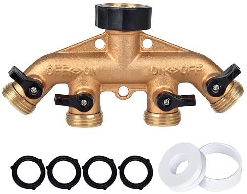 Brass 4 Way Faucet Splitter, 4 Port Manifold, 4-Way Garden Hose Splitter, 3/4' Heavy-Duty Spigot Adapter with Individual Shutoff Valves, Solid Brass Manifold, Leak-Resistant