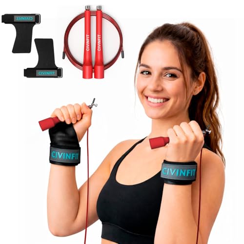 Protege tus manos y muñecas con nuestras calleras de fibra de carbono. Mejora tu agarre y rendimiento en CrossFit y gimnasio. La cuerda de salto con giro 360º te da máxima agilidad. Entrena con comodidad y potencia, ¡listo para tus mejores resultados!